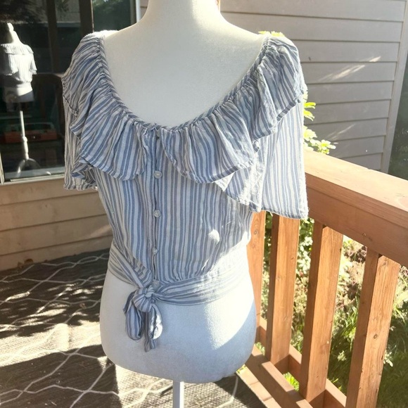 Free People FP blue white striped blouse cottagecore front tie bohemian - Picture 1 of 5